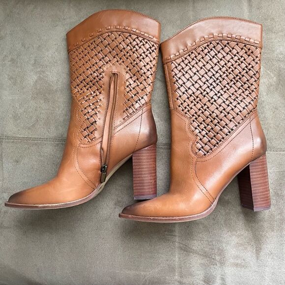 Vince Camuto Emmelia Warm Caramel Mid Calf Pointed Toe Western Heeled Boot - Picture 4 of 8